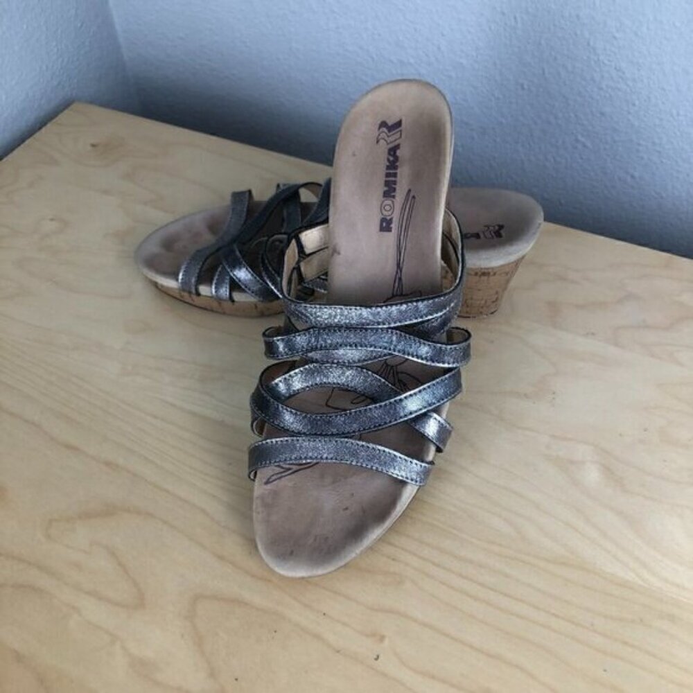 Romika Womens Bronze Cork Wedge Sandals EU 40 9 9.5 Strappy Comfort Slide
